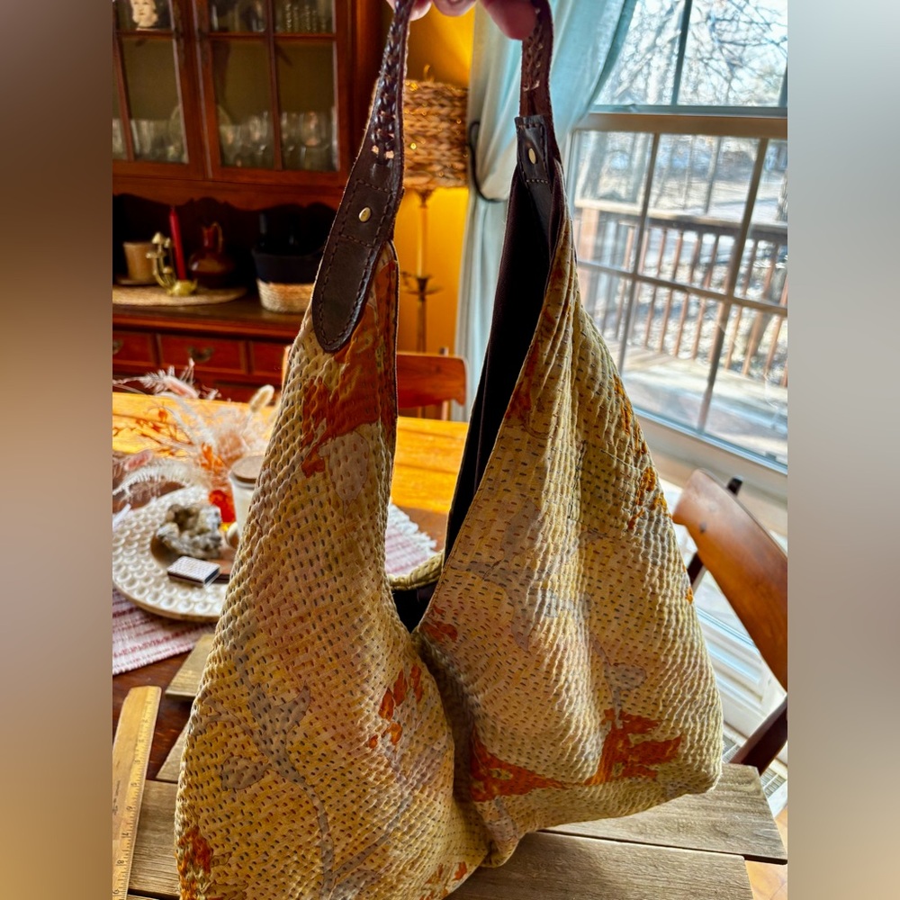 boho Kantha fabric hobo bag with leather strap